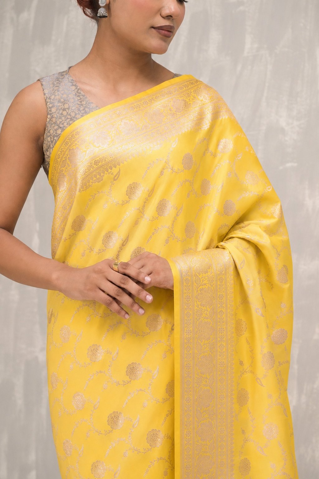 Yellow floral Jangla Silver Zari Handwoven Katan Silk Banarasi Saree
